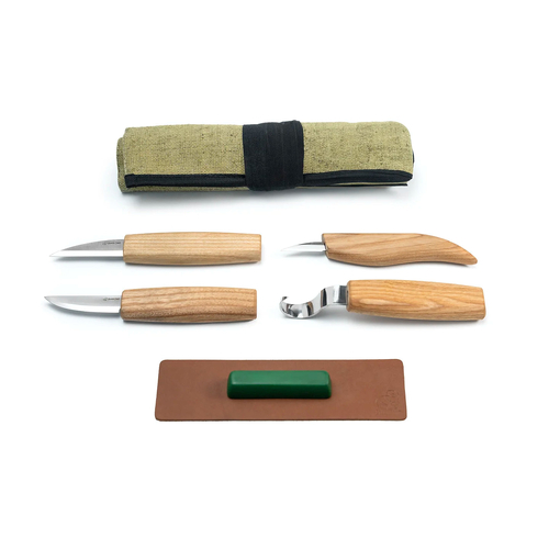 BeaverCraft S48 – Spoon Carving Tool Set (4 Tools + Accessories in Canvas Roll)