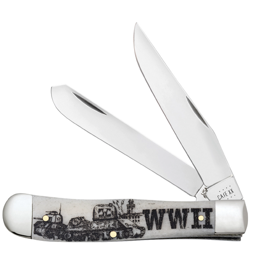 Case War Series WWII Embellished Smooth Natural Bone (SS) Large Trapper Folder Knife #50950