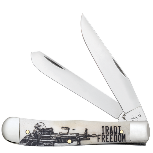 Case War Series Iraqi Freedom Embellished Smooth Natural Bone (SS) Large Trapper Folder Knife #50954