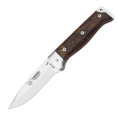 Cudeman MT-4 Satin Walnut Wood Bohler N690CO Steel Survival Folding Blade Knife, Leather Sheath - 384-G